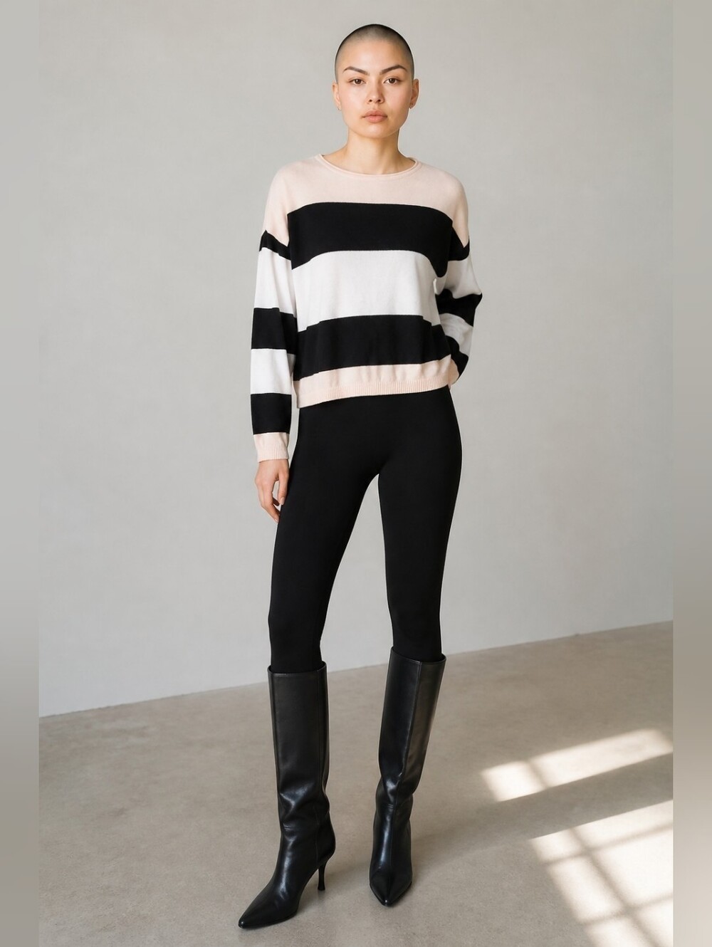 Planet By Lauren G Cotton Colorblock Boxy One Size Knit Sweater Putty Oversized
